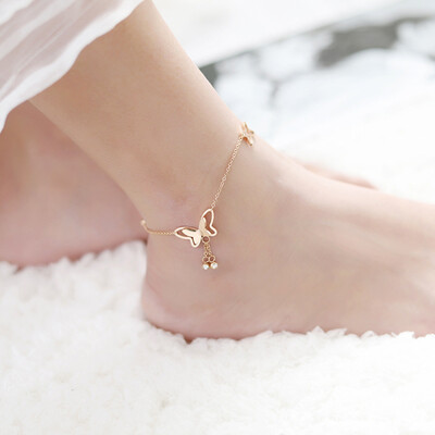 Right Grand Simple Summer Women Fashion Jewelry Trend Waterproof Cubic Zirconia 18K Gold Stainless Steel Butterfly Anklets