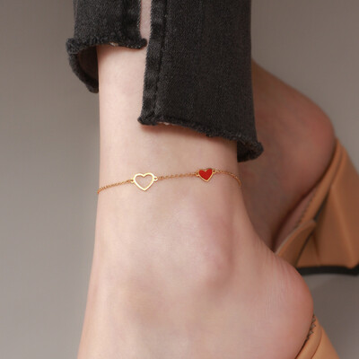 Right Grand Fashion Jewelry Girls Non Tarnish Cute Ankle Bracelet Red Heart Stainless Steel 18K Gold Anklets For Women