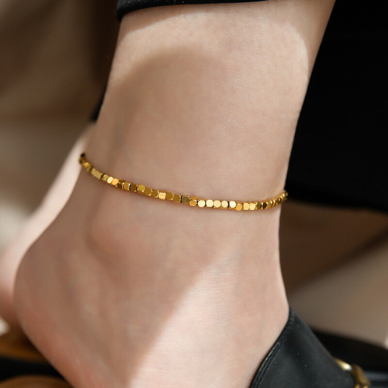 Right Grand Summer Beach Waterproof Ankle Bracelet 18K Gold Square Bead Stainless Steel Fashion Jewelry Anklets For Women