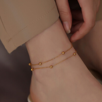 Right Grand Summer Fashion Jewelry Tarnish Free 18K Gold Plated Double Layer Beaded Stainless Steel Anklets For Women 2023