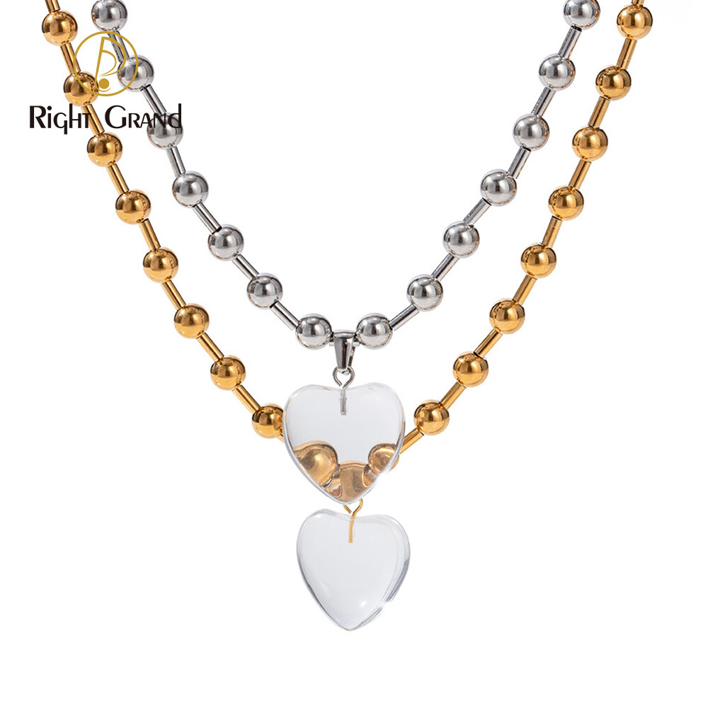 Right Grand New Design Beaded Chain Stainless Steel Gold Plated Clear Glass Crystal Heart Shape Necklace For Women Jewelry