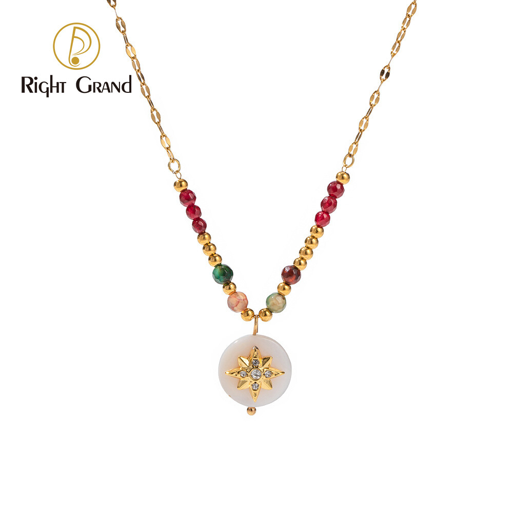 Right Grand Boho Style 18K Gold Plated Stainless Steel Shell Pendant Colorful Beaded Natural Stone Necklace For Women