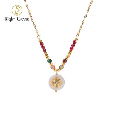 Right Grand Boho Style 18K Gold Plated Stainless Steel Shell Pendant Colorful Beaded Natural Stone Necklace For Women