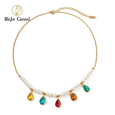 Right Grand Summer Fashion 18K Plated Teardrop Colorful Zircon Stone Pendant Wholesale Imitation Pearl Necklaces