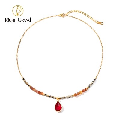Right Grand Summer Fashion Women Jewelry Gold Plated Teardrop Red Zircon Natural Stone Pendant Beaded Necklace