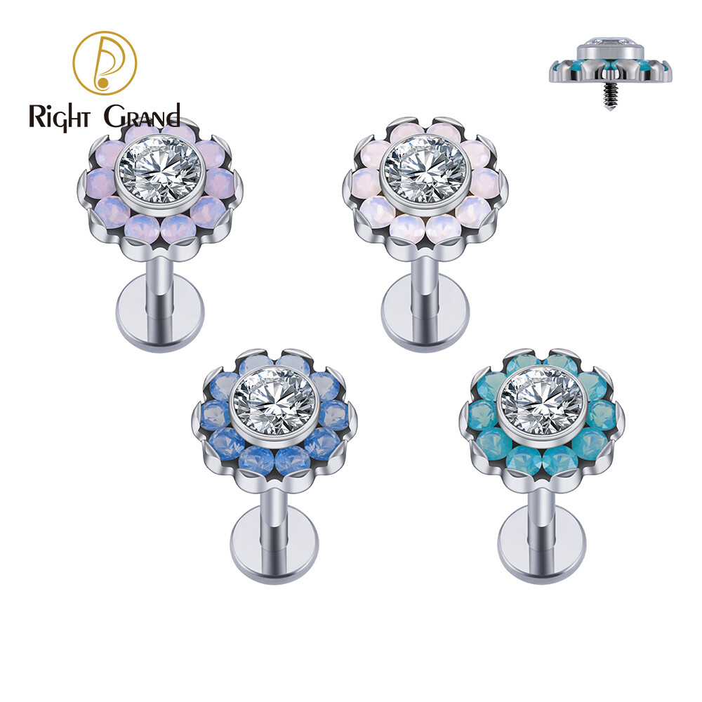 Right Grand ASTM F136 Titanium 16G Internal Thread Clear CZ/Opalite Flower Labret Monroe Lip Stud Cartilage Helix Tragus Conch Ear Lobe Piercing