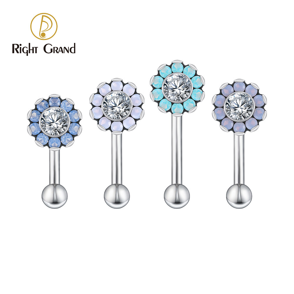 Right Grand ASTM F136 Titanium Opalite Flower Rook Earring Piercing 6mm 8mm 10mm Curved Barbell Cartilage Eyebrow Jewelry