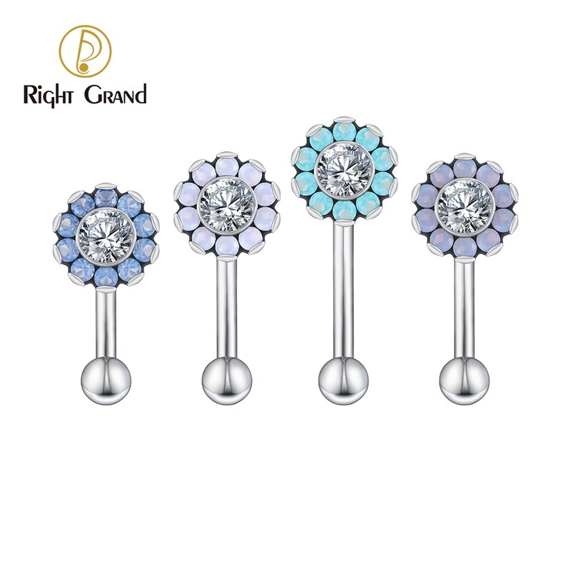 Right Grand ASTM F136 Titanium Opalite Flower Rook Earring Piercing 6mm 8mm 10mm Curved Barbell Cartilage Eyebrow Jewelry