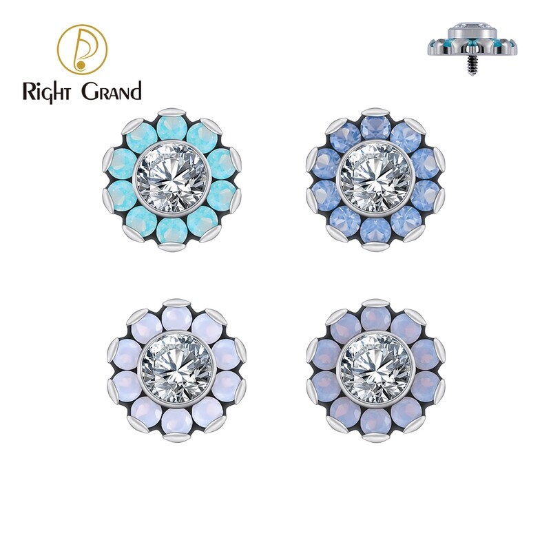 Right Grand ASTM F136 Titanium 16G Internal Thread Clear CZ/Opalite Flower Top Ends
