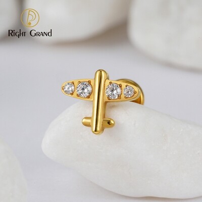 Right Grand ASTM F136 Titanium 16G Internal Thread Tiny Airplane Stud Earring with CZ Minimalist Plane Tragus Cartilage Helix Rook Ear Piercing