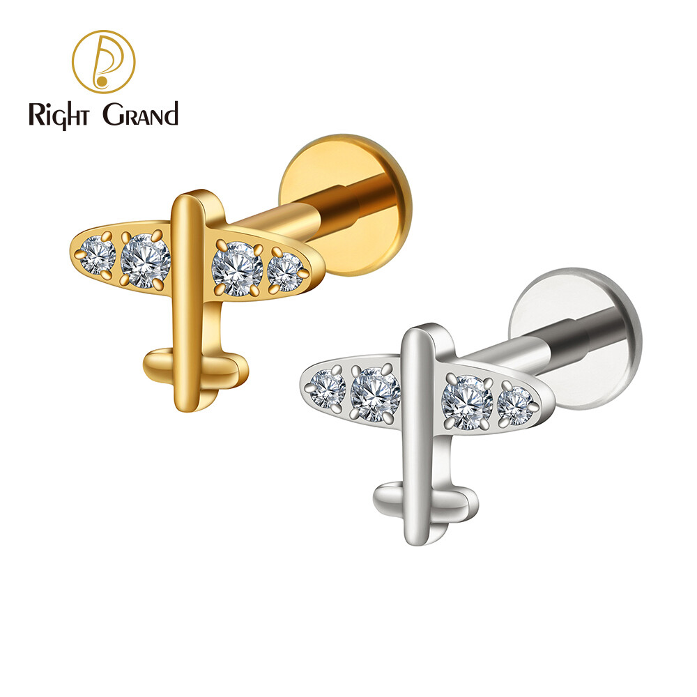 Right Grand ASTM F136 Titanium 16G Internal Thread Tiny Airplane Stud Earring with CZ Minimalist Plane Tragus Cartilage Helix Rook Ear Piercing