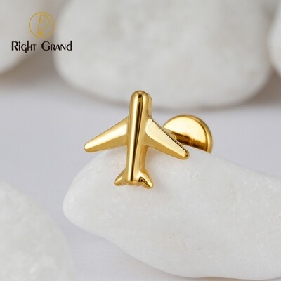 Right Grand ASTM F136 Titanium 16G Internal Thread Mini Airplane Flat Back Tragus Earring Cartilage Helix Conch Stud Ear Piercing Jewelry