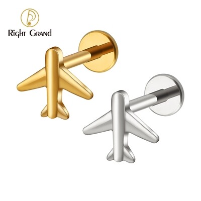 Right Grand ASTM F136 Titanium 16G Internal Thread Mini Airplane Flat Back Tragus Earring Cartilage Helix Conch Stud Ear Piercing Jewelry