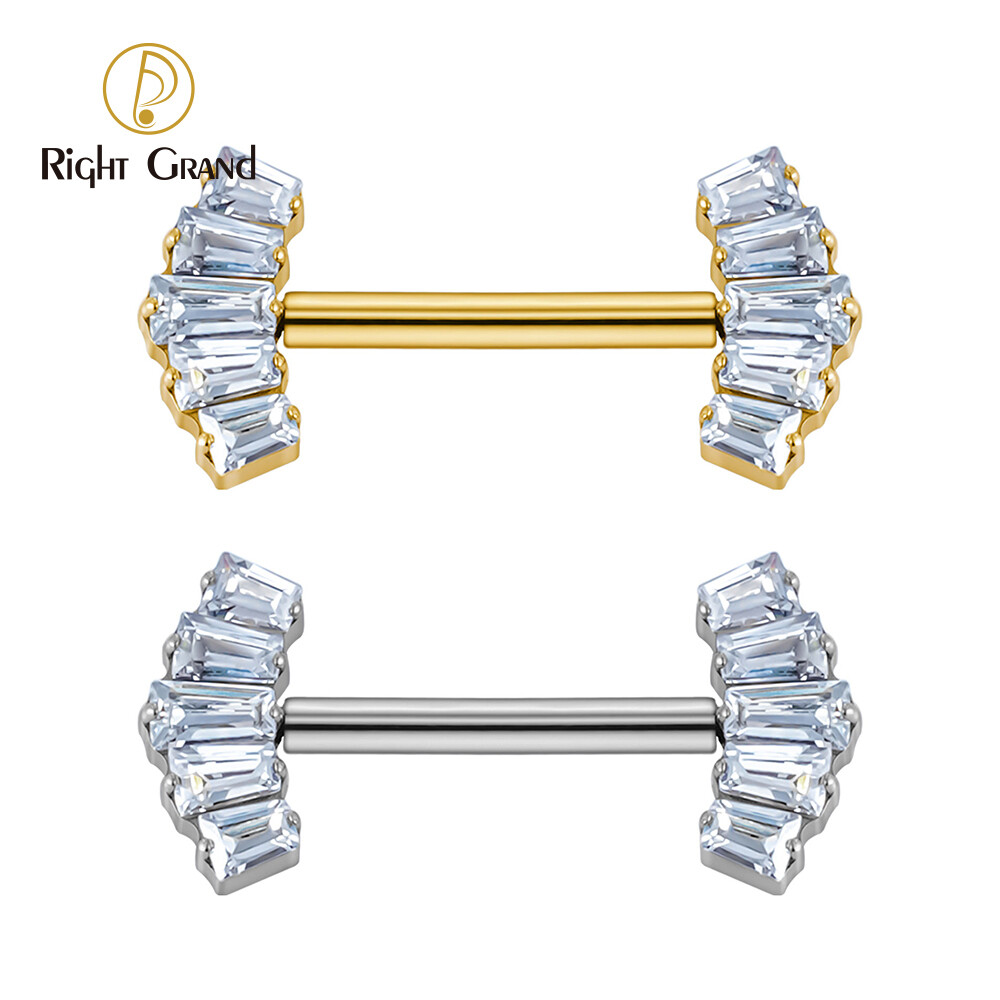 Right Grand ASTM F136 Titanium Threadless Push Pin Nipple Shield Barbell Ring with 5-Cluster Baguette CZ Crown Ends