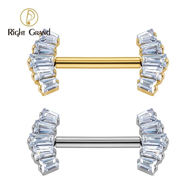 Right Grand ASTM F136 Titanium Threadless Push Pin Nipple Shield Barbell Ring with 5-Cluster Baguette CZ Crown Ends