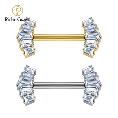 Right Grand ASTM F136 Titanium Threadless Push Pin Nipple Shield Barbell Ring with 5-Cluster Baguette CZ Crown Ends
