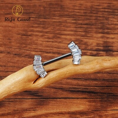 Right Grand ASTM F136 Titanium Threadless Push Pin Nipple Shield Barbell Ring with 5-Cluster Baguette CZ Crown Ends