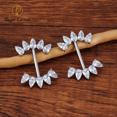 Right Grand ASTM F136 Titanium 14G Threadless Push Pin Nipple Barbell Drop CZ Cluster Nipple Shield Ring Piercing Jewelry