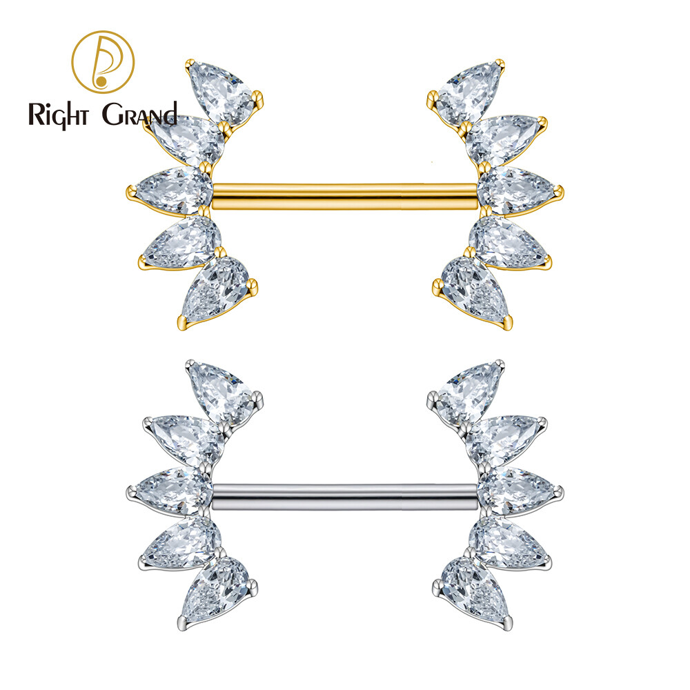 Right Grand ASTM F136 Titanium 14G Threadless Push Pin Nipple Barbell Drop CZ Cluster Nipple Shield Ring Piercing Jewelry