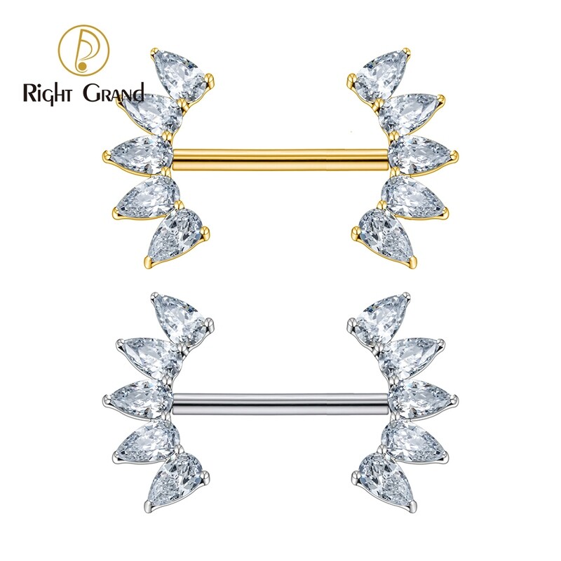 Right Grand ASTM F136 Titanium 14G Threadless Push Pin Nipple Barbell Drop CZ Cluster Nipple Shield Ring Piercing Jewelry
