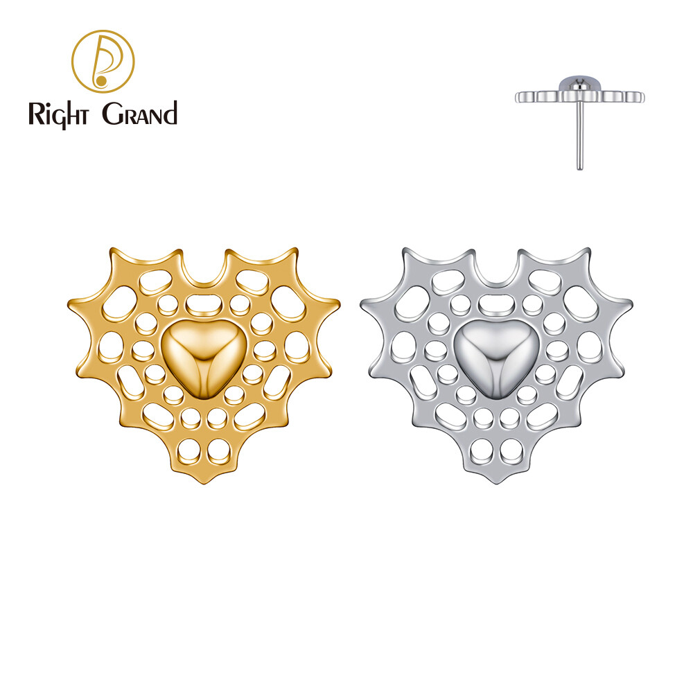Right Grand ASTM F136 Titanium Threadless Push Pin Spider web Heart Top End for Tragus Helix Cartilage Nose Stud Ring Piercing