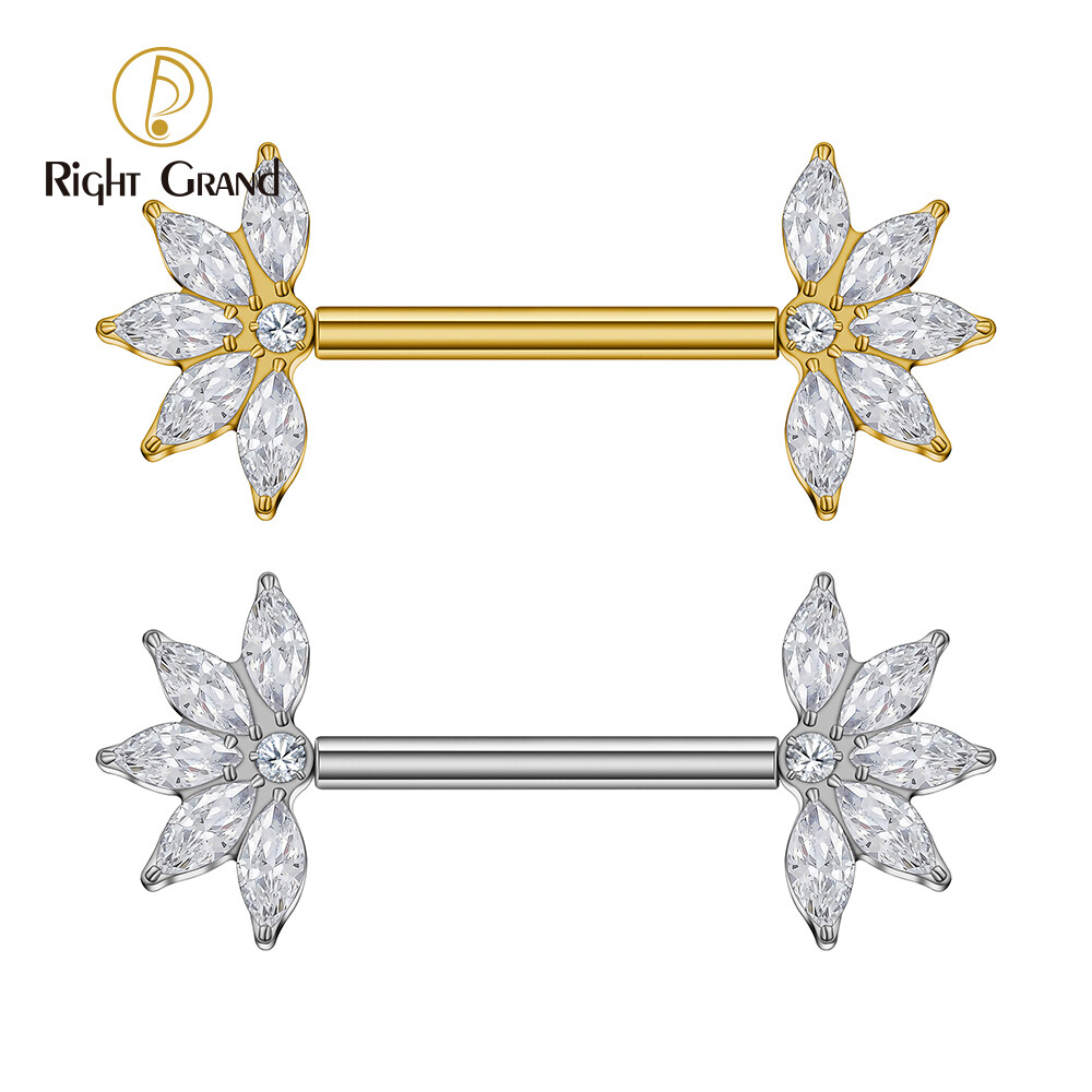 Right Grand ASTM F136 Titanium 14G Threadless Push Pin Nipple Barbell Marquise CZ Cluster Nipple Shield Ring Piercing Jewelry