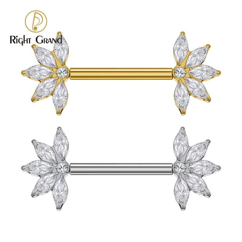Right Grand ASTM F136 Titanium 14G Threadless Push Pin Nipple Barbell Marquise CZ Cluster Nipple Shield Ring Piercing Jewelry