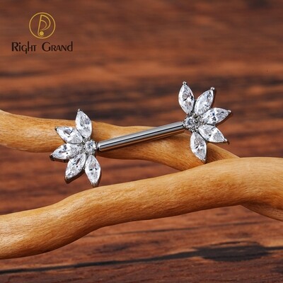 Right Grand ASTM F136 Titanium 14G Threadless Push Pin Nipple Barbell Marquise CZ Cluster Nipple Shield Ring Piercing Jewelry