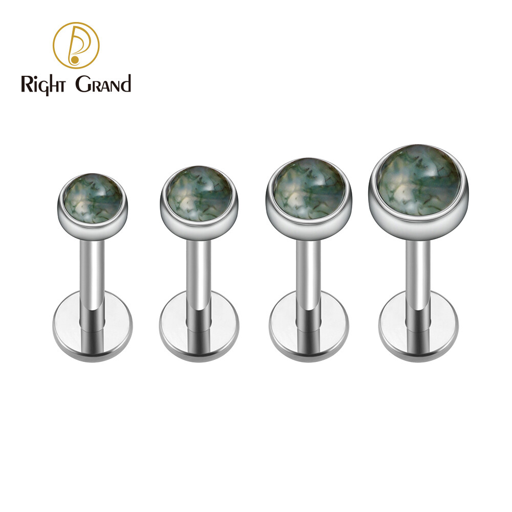 Right Grand ASTM F136 Titanium 16G Internal Thread Moss Agate Stud Earring Labret Monroe Lip Ring Cartilage Helix Tragus Conch Ear Lobe Piercing