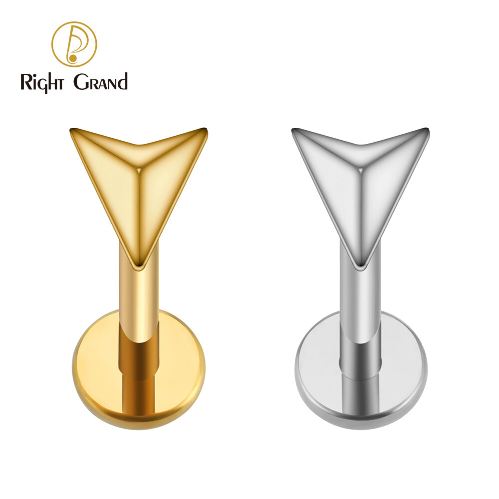 Right Grand ASTM F136 Titanium 16G Internal Thread Triangular Cone Tragus Cartilage Conch Helix Lip Nose Flat Back Geometric Triangle Piercing
