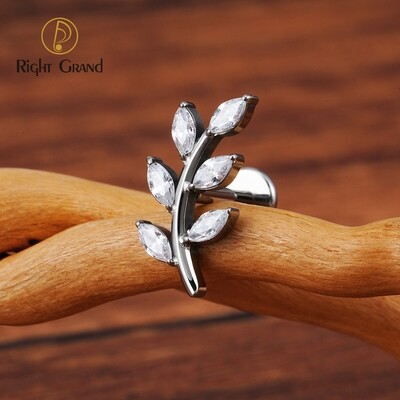 Right Grand ASTM F136 Titanium 16G Internal Thread Marquise CZ Leaf Stud Earring Leaf Shaped Helix Cartilage Conch Flat Back Piercing Jewelry