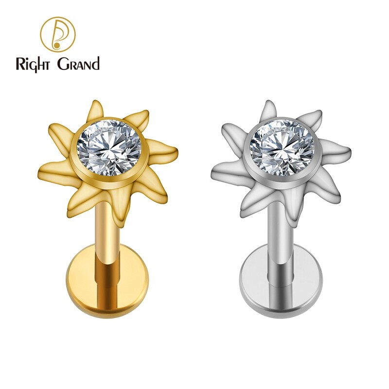 Right Grand ASTM F136 Titanium 16G Internal Thread Sunflower Cartilage Stud Earring with CZ Flower Helix Tragus Conch Piercing Jewelry