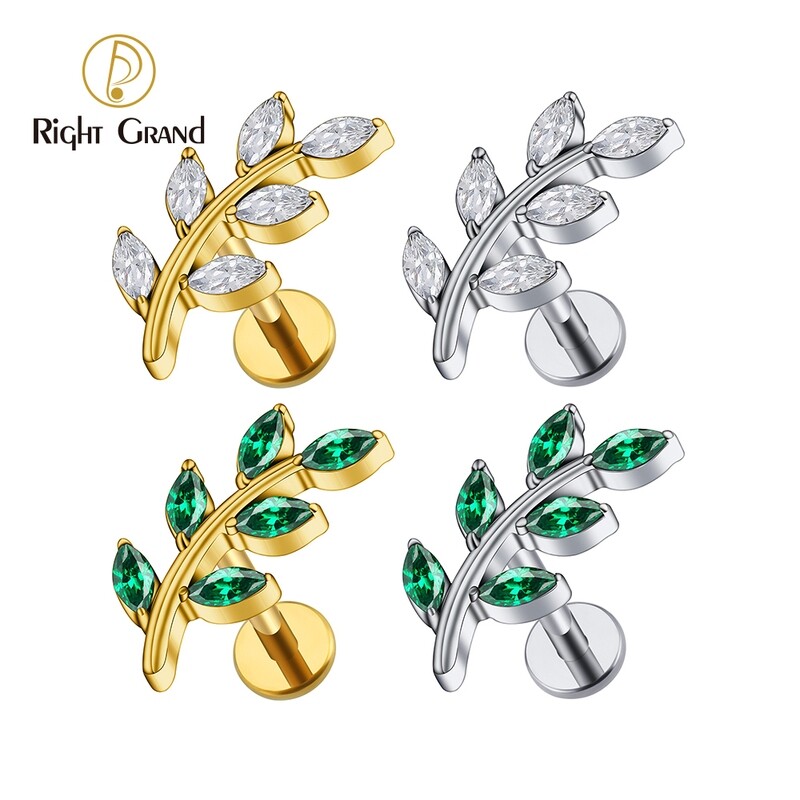 Right Grand ASTM F136 Titanium 16G Internal Thread Marquise CZ Leaf Stud Earring Leaf Shaped Helix Cartilage Conch Flat Back Piercing Jewelry