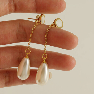 Right Grand Luxury Fashion Elegant Women Jewelry Stainless Steel 18K Gold Plated Long Shell Pearl Drop Earring