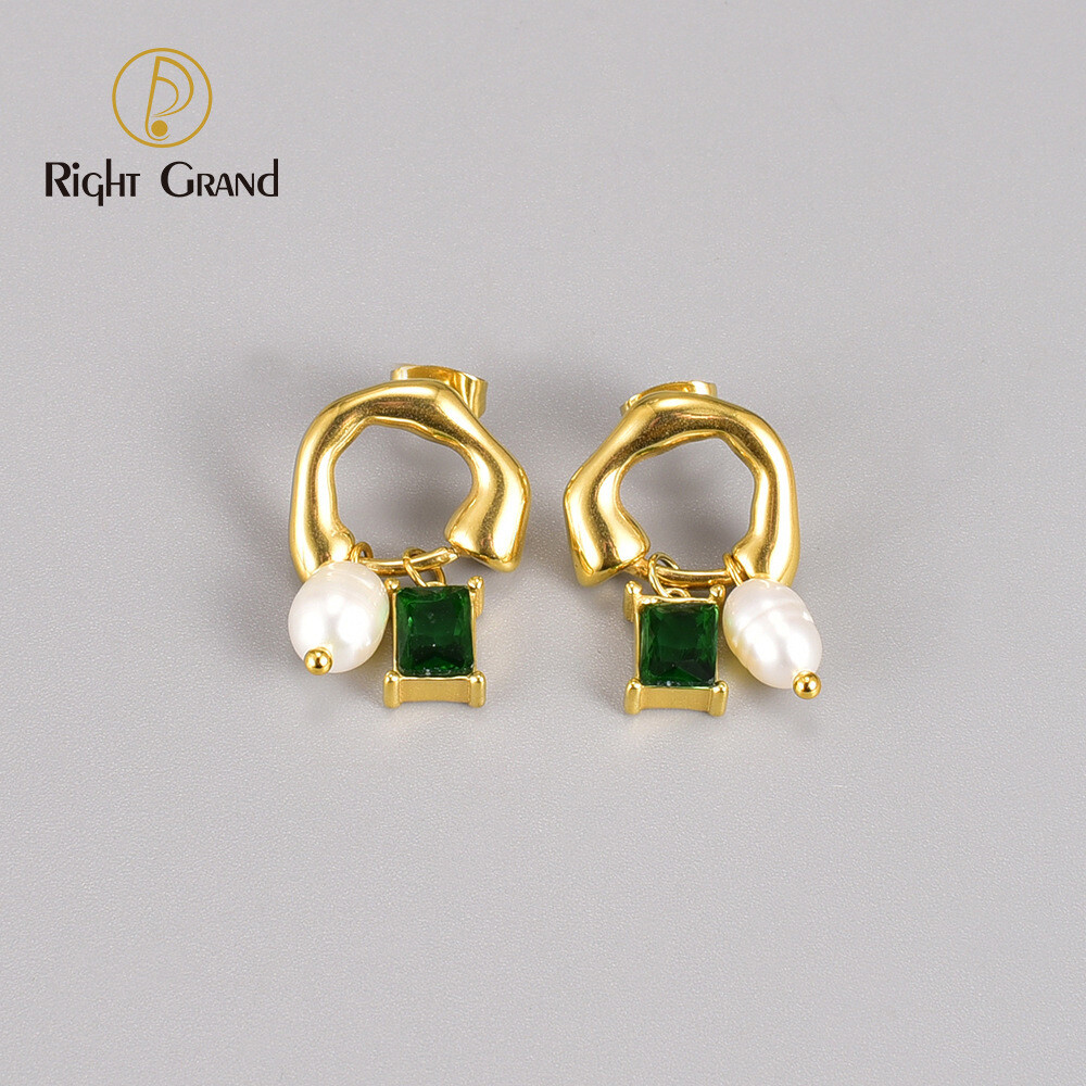 Right Grand Vintage Fashion Women Stainless Steel 18K Gold Plated Cubic Zirconia Natural Fresh Water Pearl Drop Earring