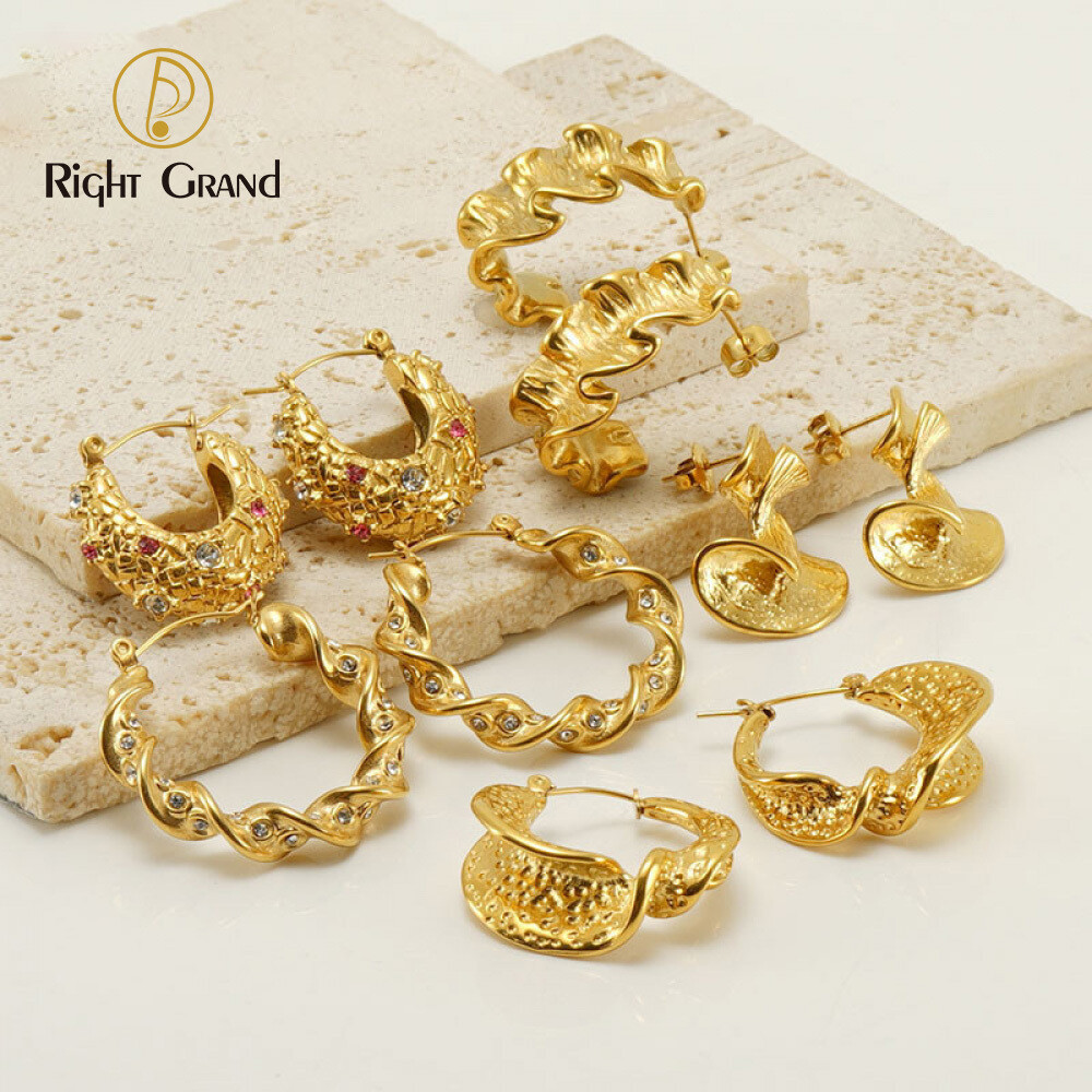 Right Grand 2023 New Vintage Women Trendy Jewelry Twist Folded Gold Plated Chunky Hoops Earrings Stainless Steel