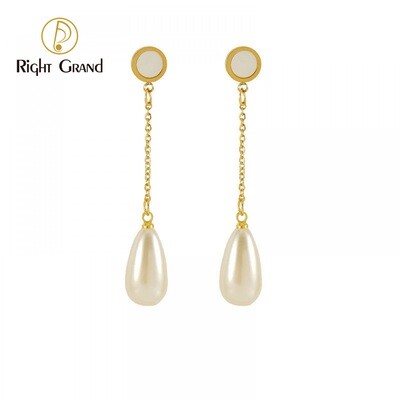 Right Grand Luxury Fashion Elegant Women Jewelry Stainless Steel 18K Gold Plated Long Shell Pearl Drop Earring