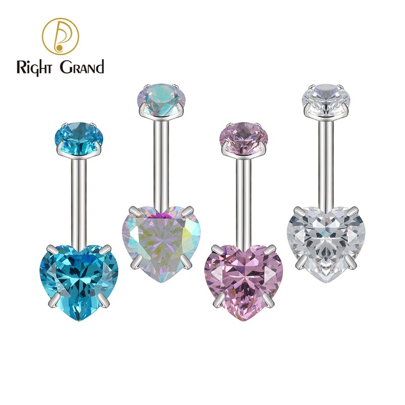 Right Grand ASTM F136 Titanium 14G Heart Shaped CZ Belly Button Ring Navel Curved Barbell Stud Body Piercing Jewelry