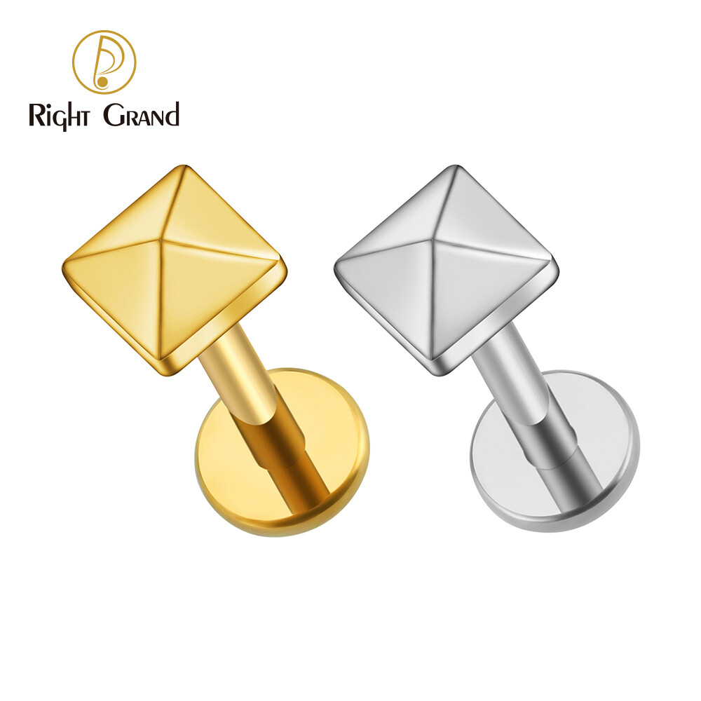 Right Grand ASTM F136 Titanium 16G Internal Thread Tiny Square Pyramid Stud Earring Tragus Cartilage Conch Helix Lip Nose Flat Piercing Jewelry