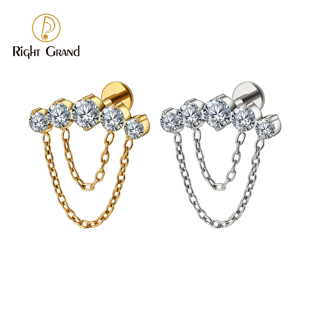 Right Grand ASTM F136 Titanium Internal Thread 5-Cluster CZ Stud Earring with 2 Tier Dangle Chain Helix Cartilage Tragus Lip Flat Back Piercing