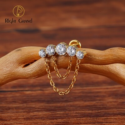 Right Grand ASTM F136 Titanium Internal Thread 5-Cluster CZ Stud Earring with 2 Tier Dangle Chain Helix Cartilage Tragus Lip Flat Back Piercing