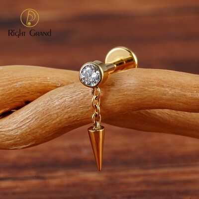 Right Grand ASTM F136 Titanium Bezel CZ Dangle Cone Labret Cartilage Earring Conch Helix Stud Tragus Spike Chain Drop Earring