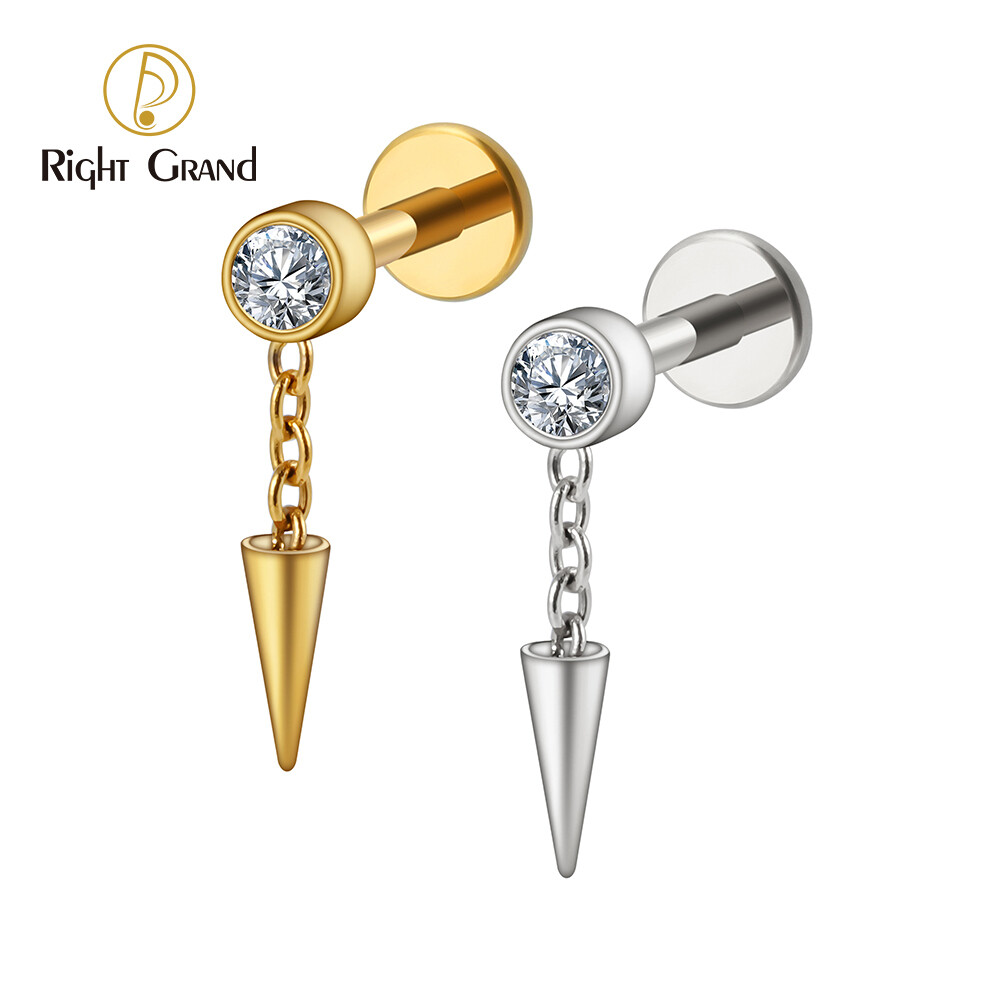 Right Grand ASTM F136 Titanium Bezel CZ Dangle Cone Labret Cartilage Earring Conch Helix Stud Tragus Spike Chain Drop Earring
