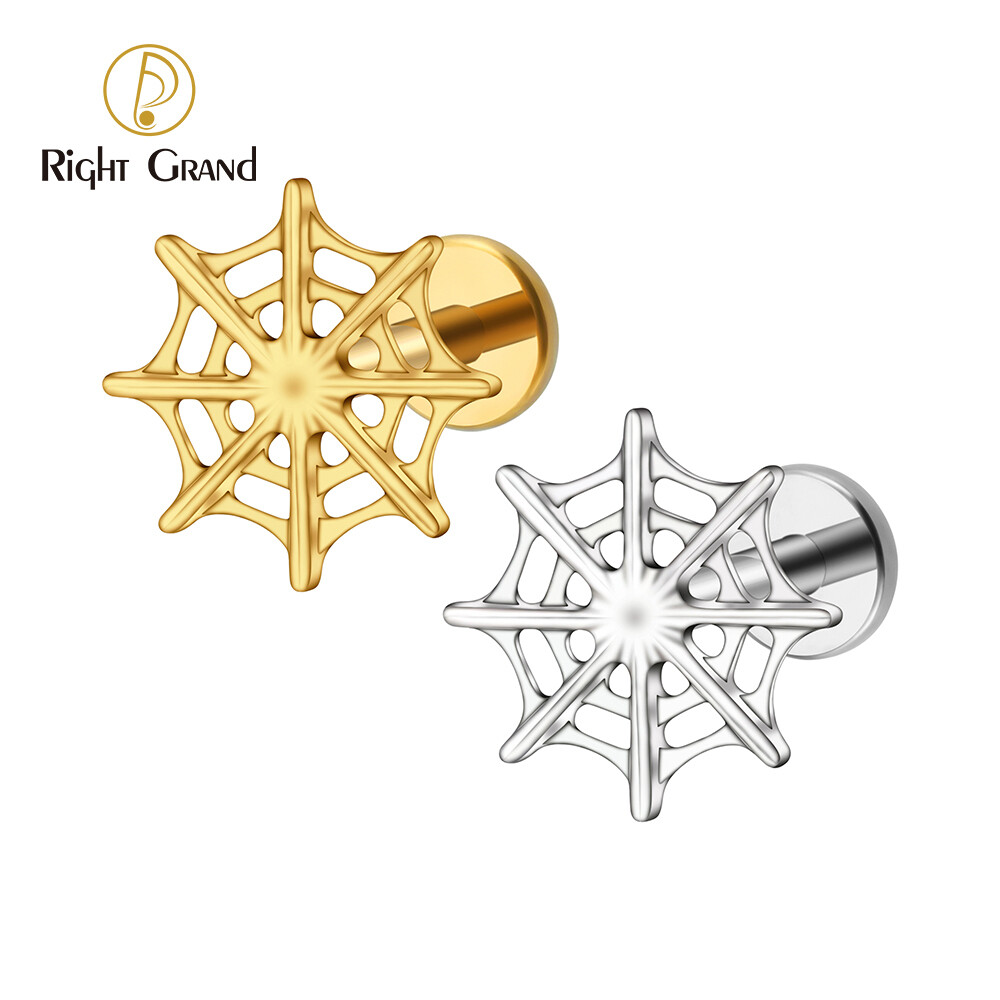 Right Grand ASTM F136 Titanium 16G Internal Thread Spider Web Stud Earring Cartilage Tragus Helix Conch Ear Lobe Flat Piercing Halloween Jewelry