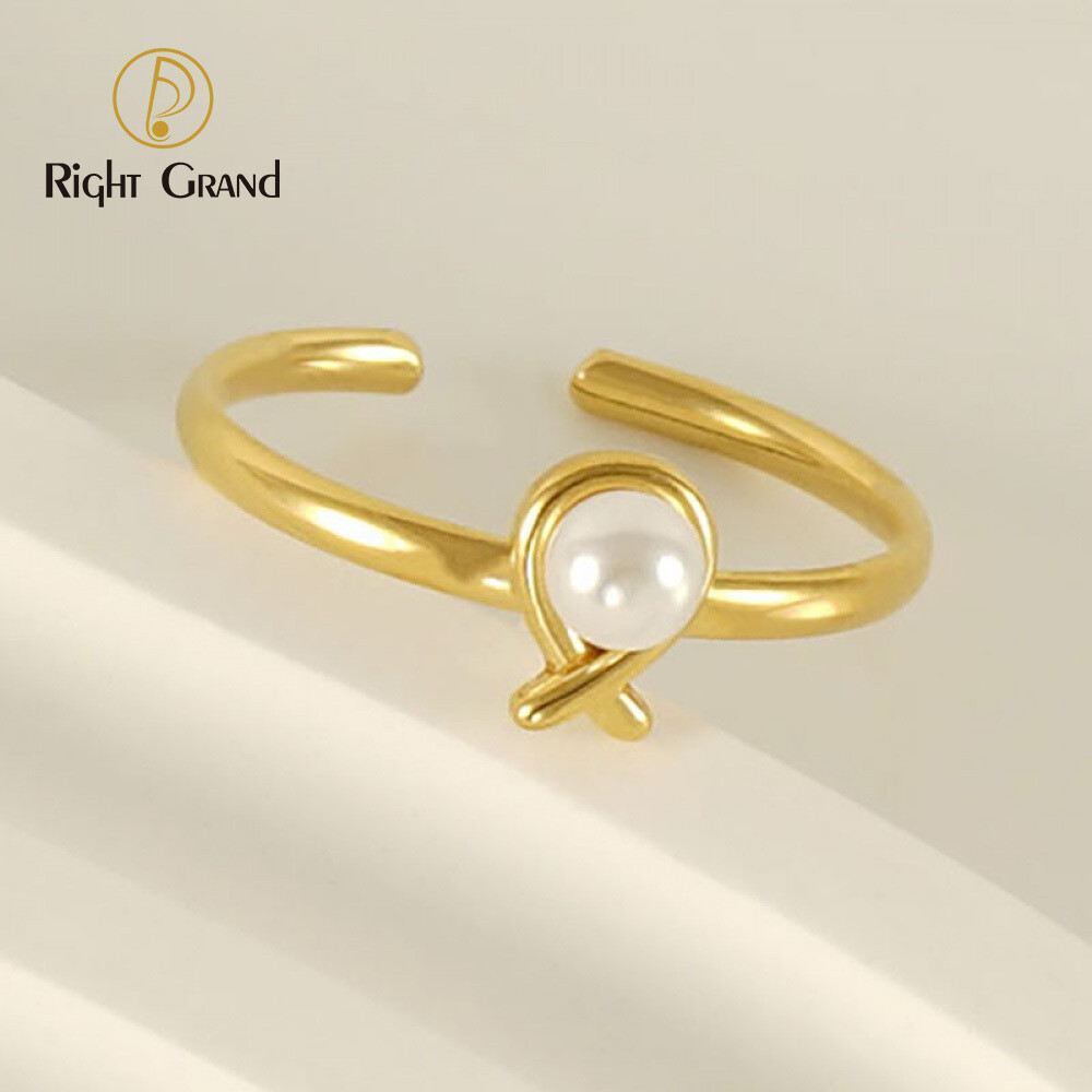 Right Grand Vintage Women Fashion Jewelry Adjustable 18K Gold Plated Stainless Steel Open Mountings Pearl Ring