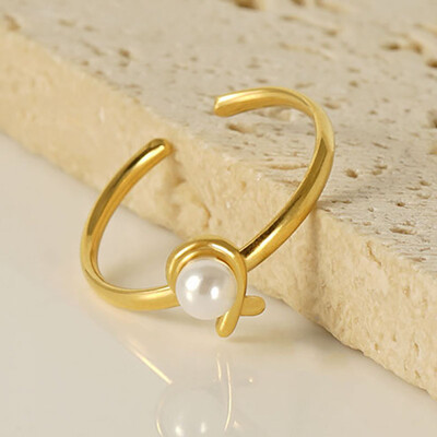 Right Grand Vintage Women Fashion Jewelry Adjustable 18K Gold Plated Stainless Steel Open Mountings Pearl Ring