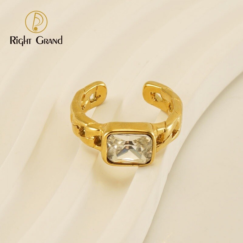 Right Grand Simple Fashion Jewelry Open Adjustable Geometric Diamond Stainless Steel 18K Gold Zircon Ring For Women