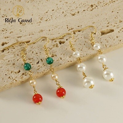 Right Grand Fashion Vintage Women Jewelry Stainless Steel 18K Gold Plated Agate Stone Long Pearl Drop Earrings