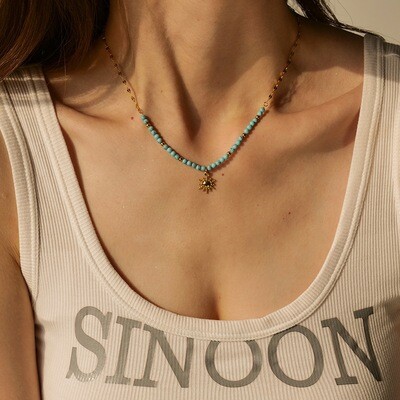 Right Grand Boho Jewelry Gold Plated Sun Pendant Stainless Steel Turquoise Gemstone Beaded Natural Stone Necklace