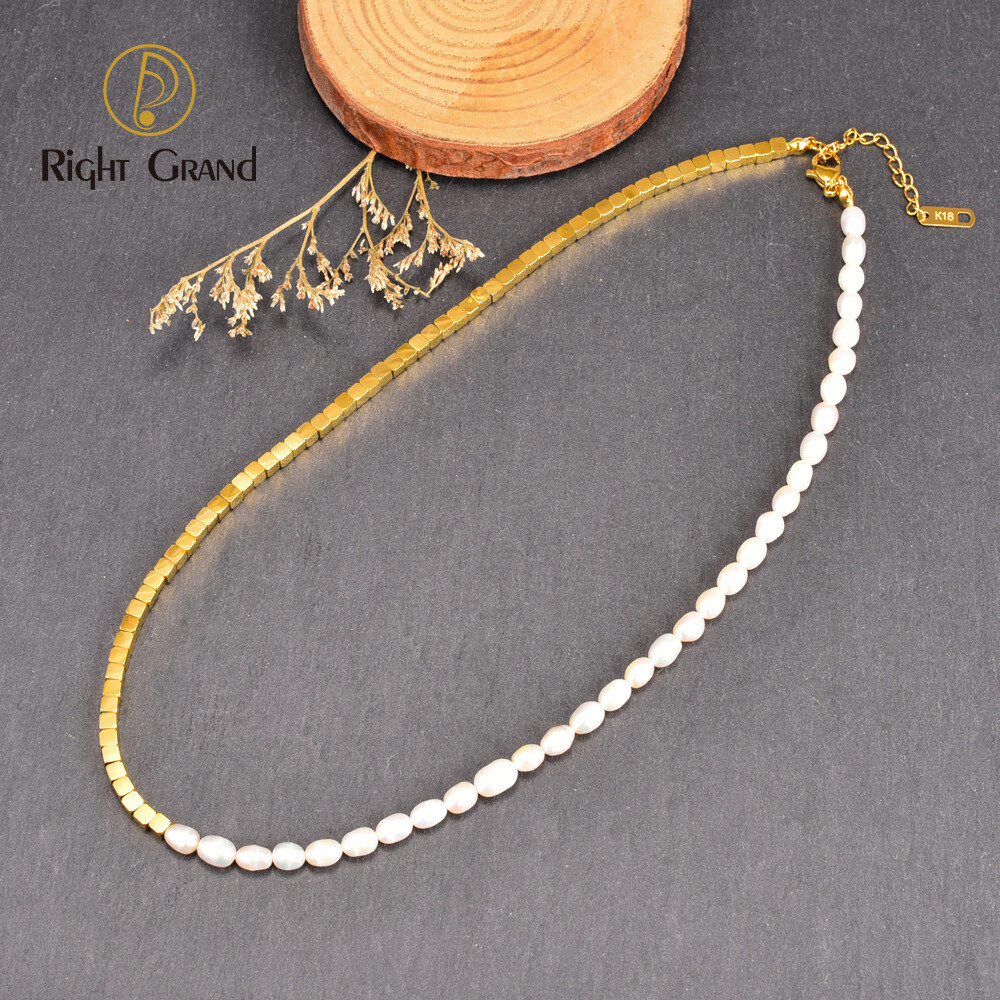 Right Grand Women Fashion 18K Gold Plated Splicing Half Chain Square Beads Irregular Fresh Water Natural Pearl Necklace